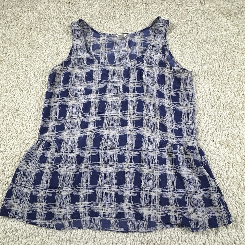 Fossil Tank Women's Medium 100% Silk navy blue‎ & white checkered Costal